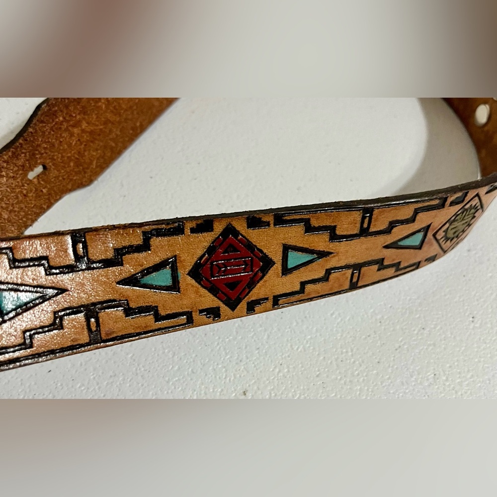Native American Southwestern Style Tan Leather Belt with Silver Buckle - Picture 9 of 15